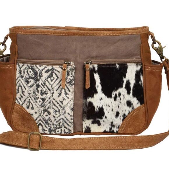 Myra Bag Handmade two tone Messenger Bag Upcycled Canvas & Cowhide Leather - Picture 1 of 15